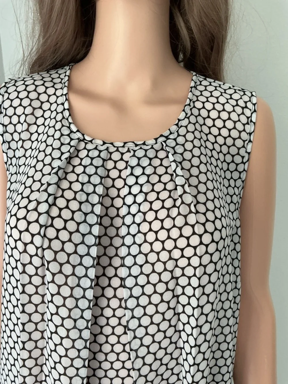 Michael Kors Black and White Polka Dot Pleated Sleeveless Top